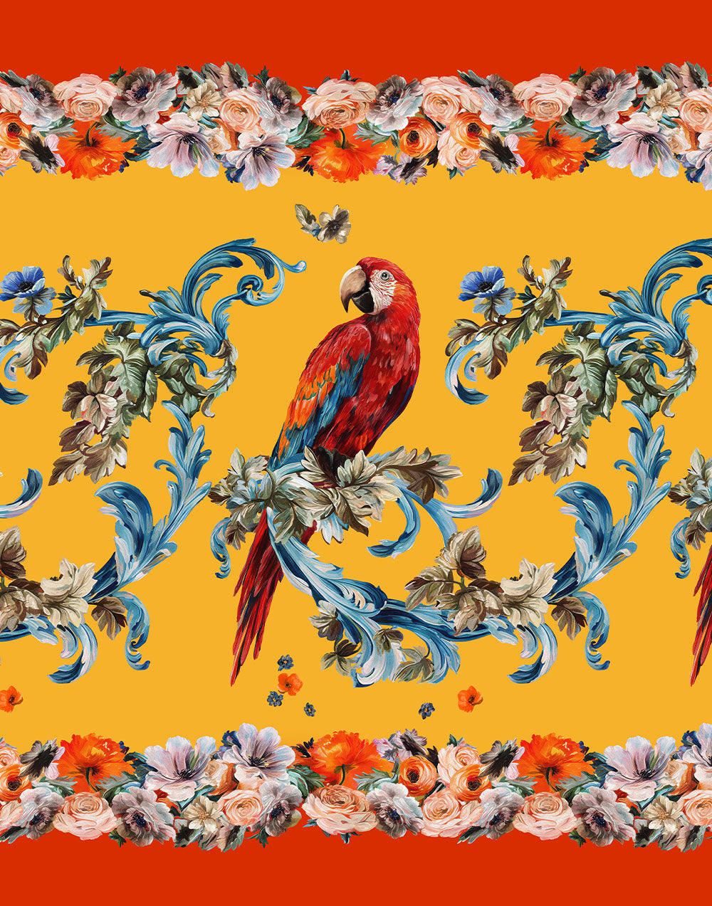 Italian Mulberry silk satin fabric with vibrant red parrot, floral borders and ornate botanical print
