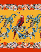 Italian Mulberry silk satin fabric with vibrant red parrot, floral borders and ornate botanical print
