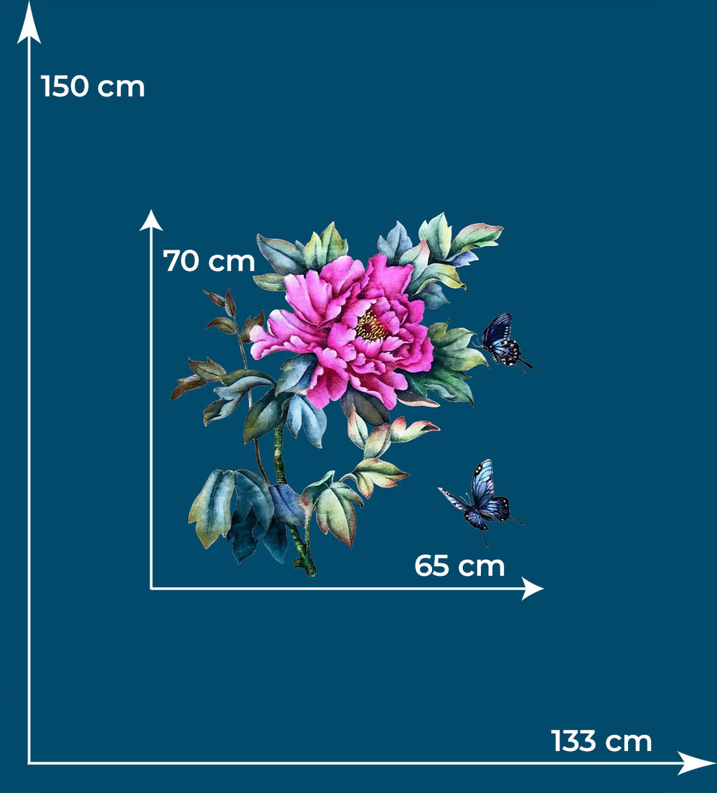 Diagram indicating the size of the turquoise-blue silk satin panel and its pink peony motif.