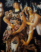 Printed Italian silk satin featuring Mercury and the Three Graces from Botticelli’s Primavera