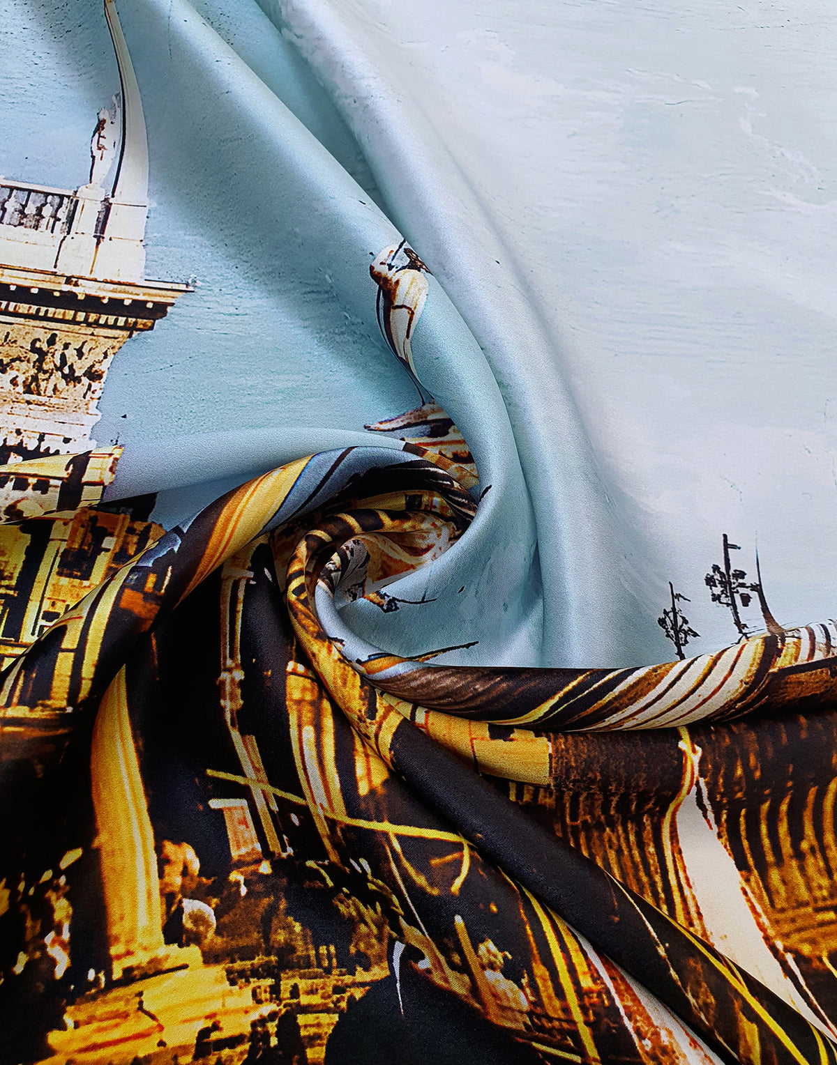 Printed Italian silk satin fabric with luxurious sheen inspired by the architecture of Venice
