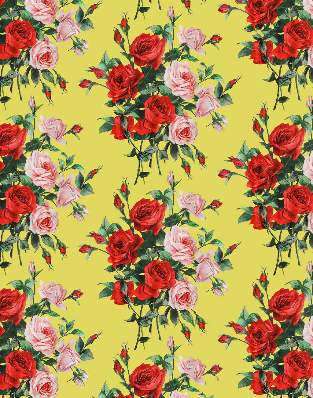 Printed Mulberry silk satin with red and pink roses on a sunny yellow background