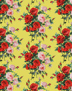 Printed Mulberry silk satin with red and pink roses on a sunny yellow background