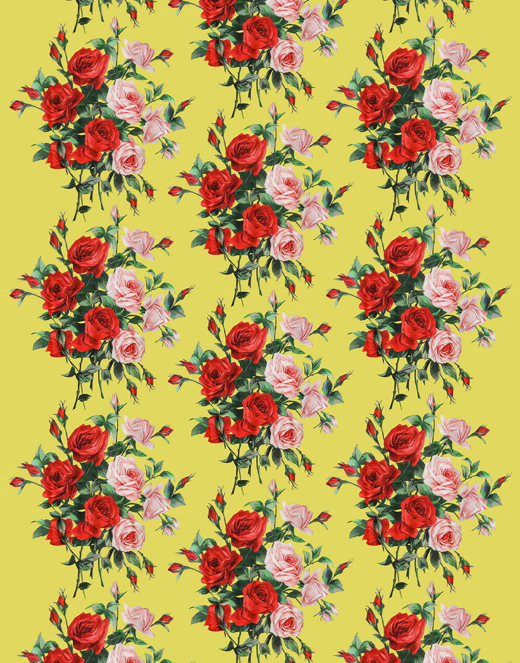 Printed Mulberry silk satin with red and pink roses on a sunny yellow background