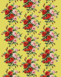 Printed Mulberry silk satin with red and pink roses on a sunny yellow background