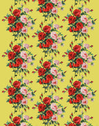 Printed Mulberry silk satin with red and pink roses on a sunny yellow background