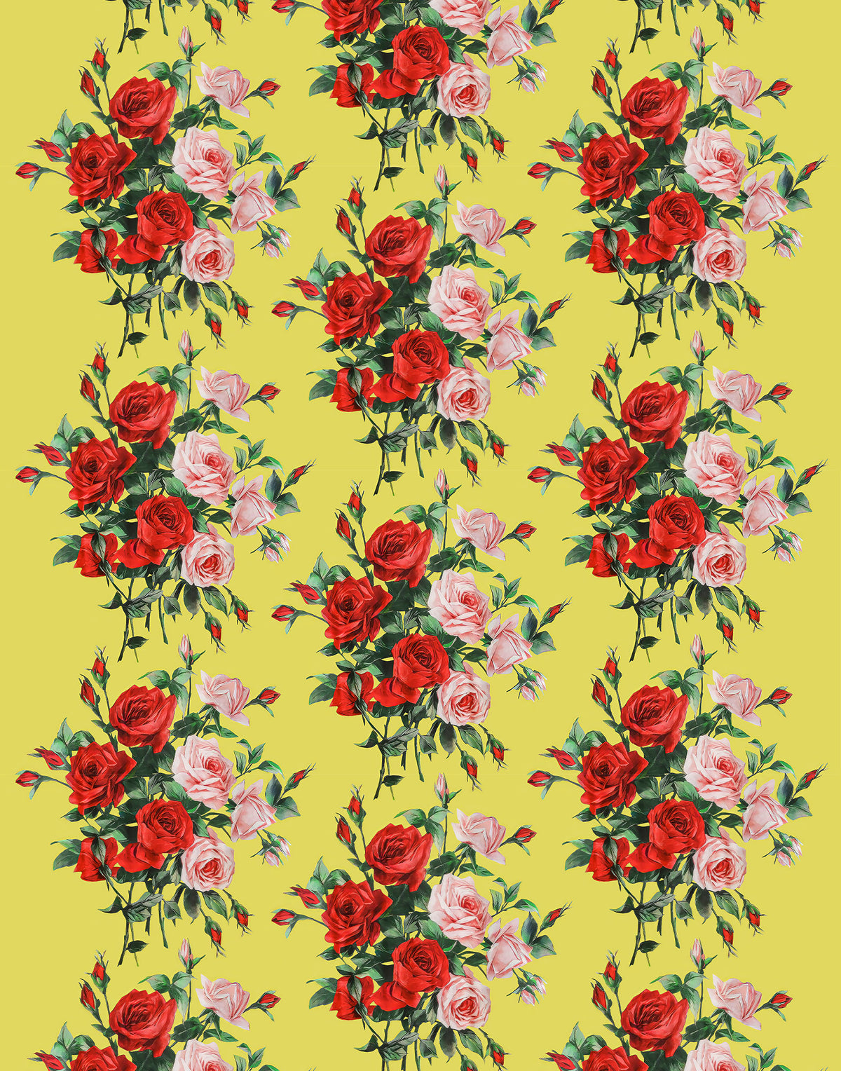 Printed Mulberry silk satin with red and pink roses on a sunny yellow background