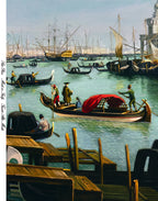 Printed Mulberry silk fabric featuring Venetian gondolas and boats on the Grand Canal in Venice