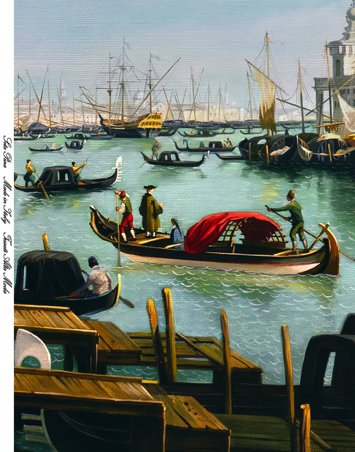 Printed Mulberry silk fabric featuring Venetian gondolas and boats on the Grand Canal in Venice