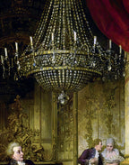 Printed natural satin silk featuring an ornate crystal chandelier from The Concert by Carl Schweninger Jr