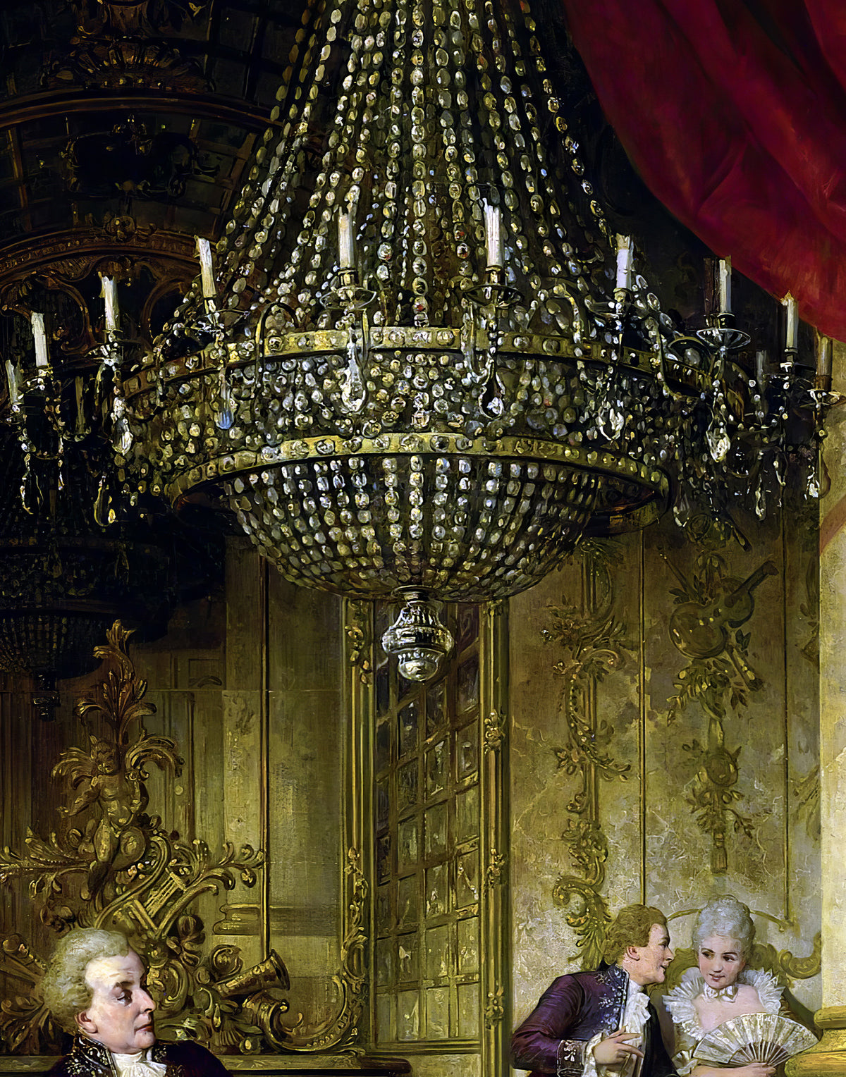 Printed natural satin silk featuring an ornate crystal chandelier from The Concert by Carl Schweninger Jr