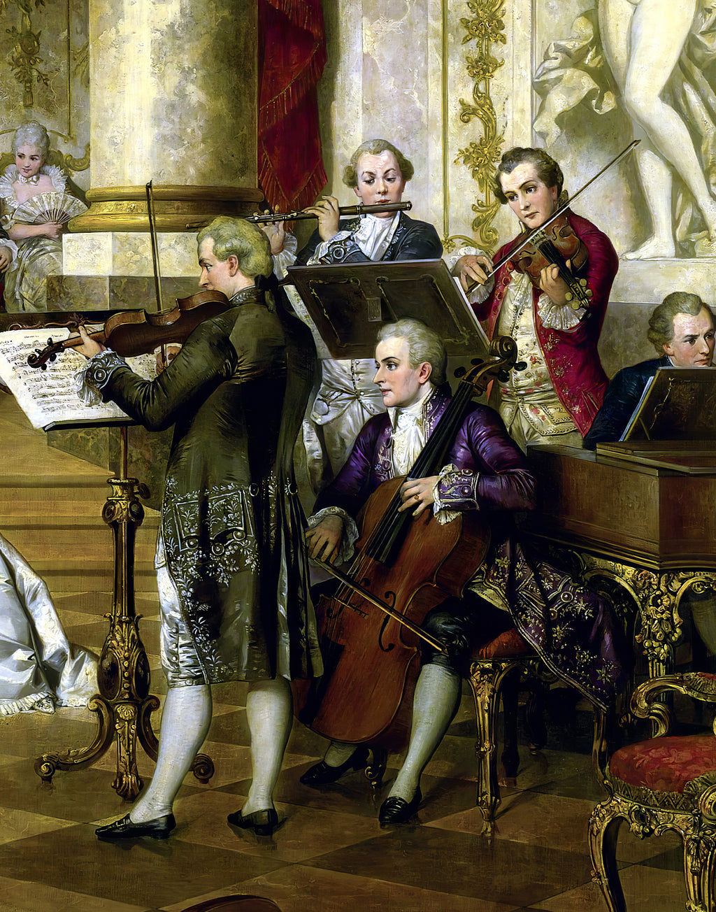 Printed natural satin silk featuring classical musicians from The Concert by Carl Schweninger Jr.