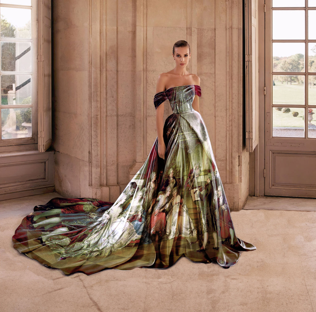Couture gown created from printed natural satin silk featuring The Concert by Carl Schweninger Jr.