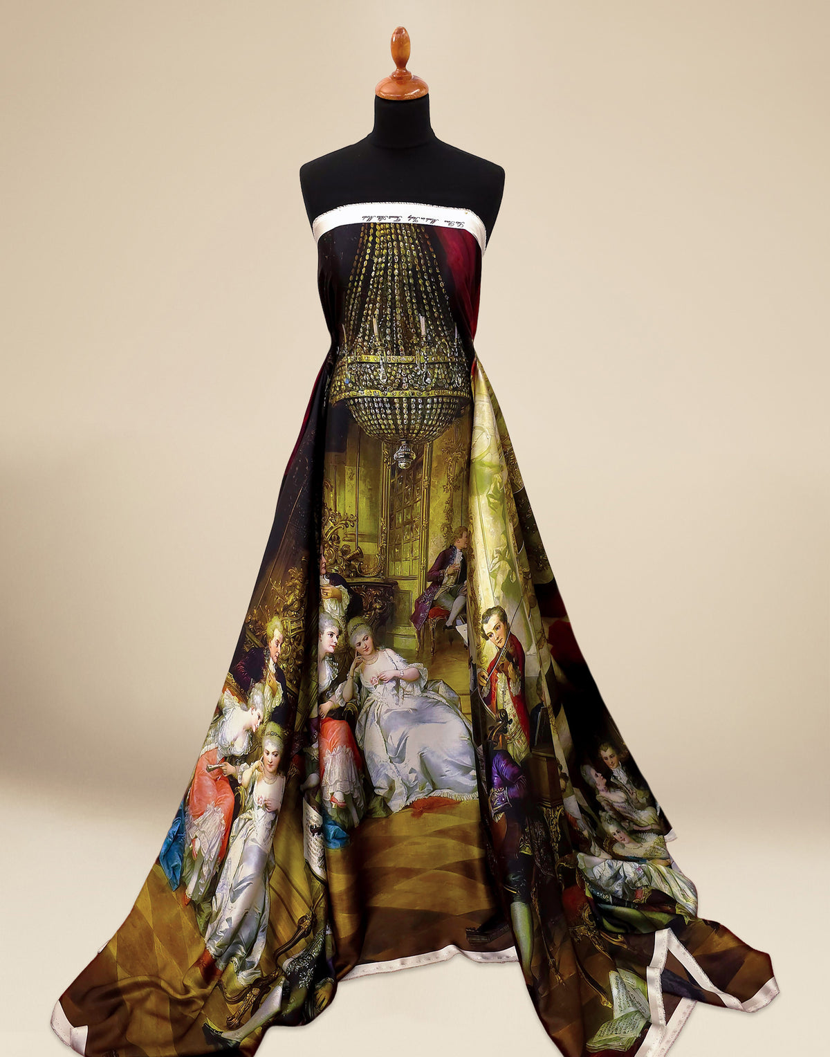 Printed natural satin silk panel featuring The Concert by Carl Schweninger Jr., draped on a mannequin