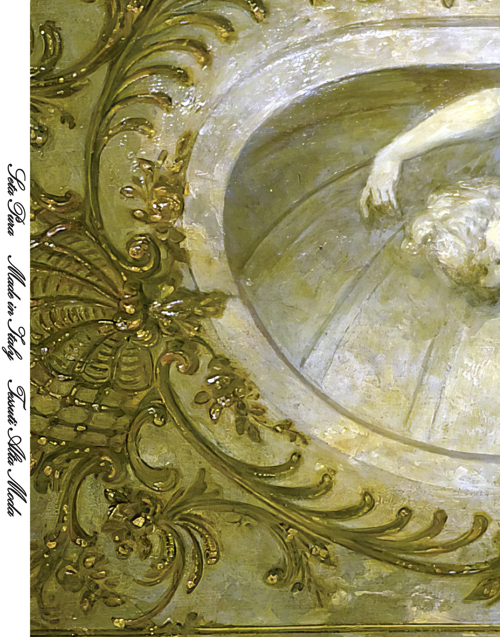 Printed natural satin silk with ornate gold artwork and Made in Italy selvedge
