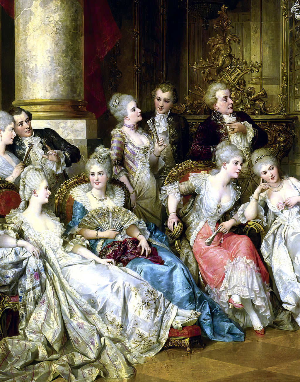 Printed natural satin silk featuring elegantly dressed aristocratic guests from The Concert by Carl Schweninger Jr.