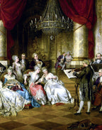 Printed natural satin silk featuring an aristocratic concert scene from The Concert by Carl Schweninger Jr.