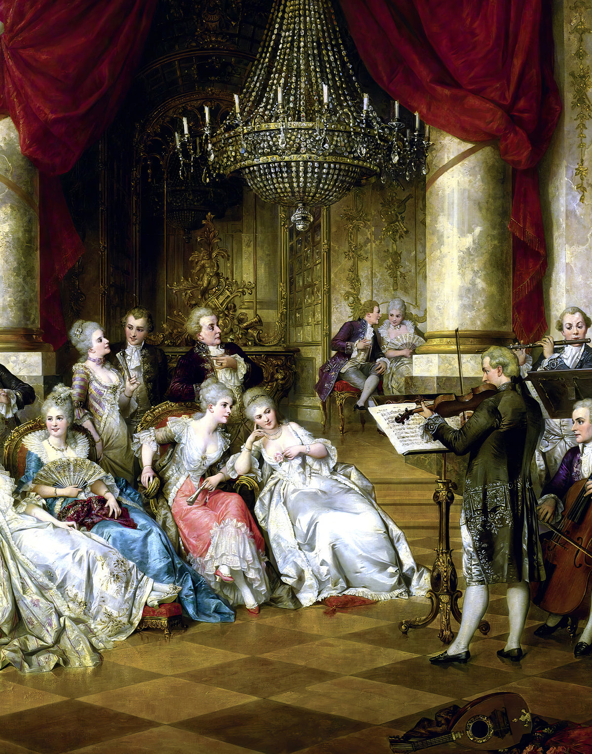 Printed natural satin silk featuring an aristocratic concert scene from The Concert by Carl Schweninger Jr.