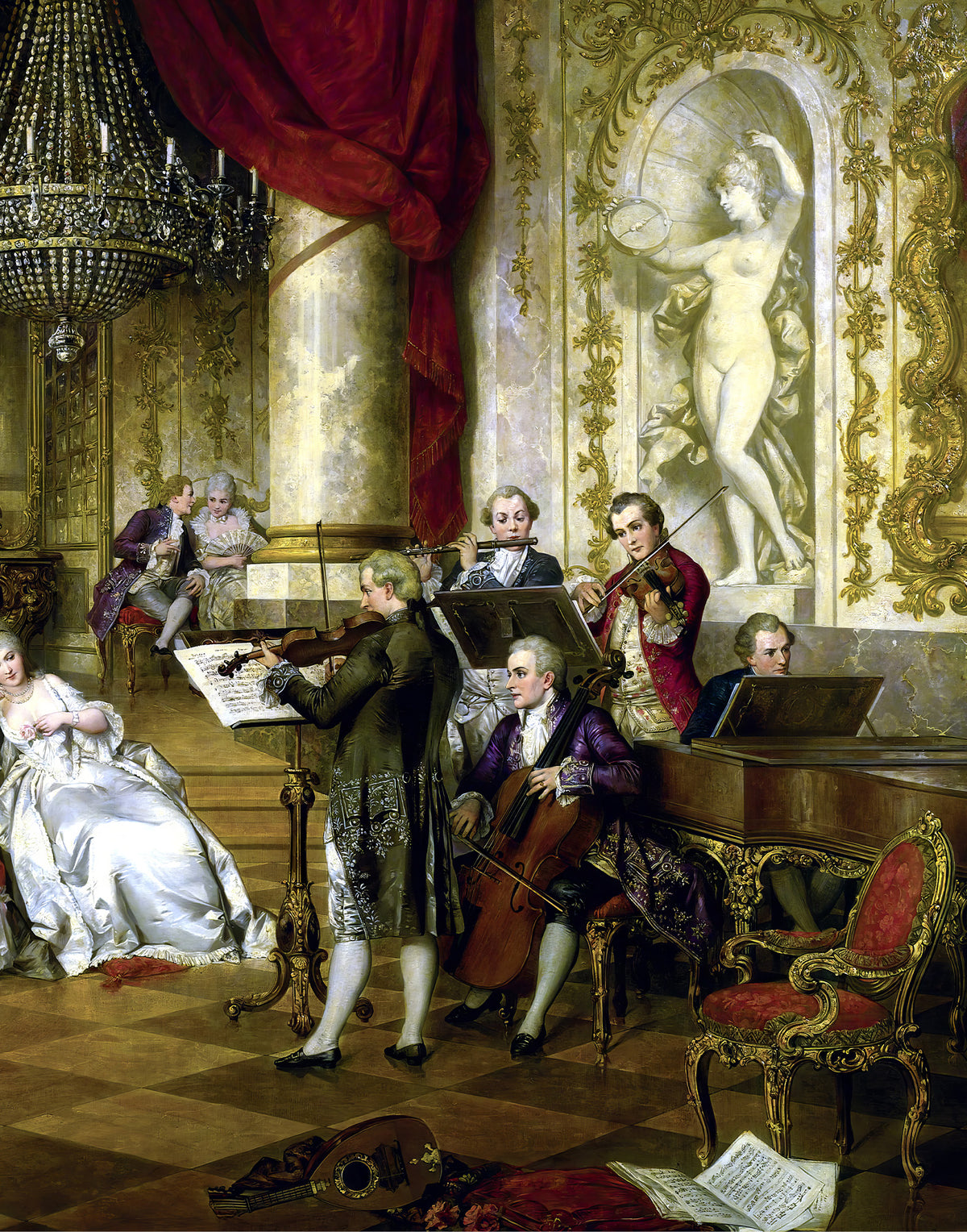 Printed natural satin silk featuring The Concert by Carl Schweninger Jr. with classical musicians in an aristocratic interior