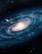 Printed natural silk satin fabric featuring a blue galaxy, luminous stars and a celestial universe design
