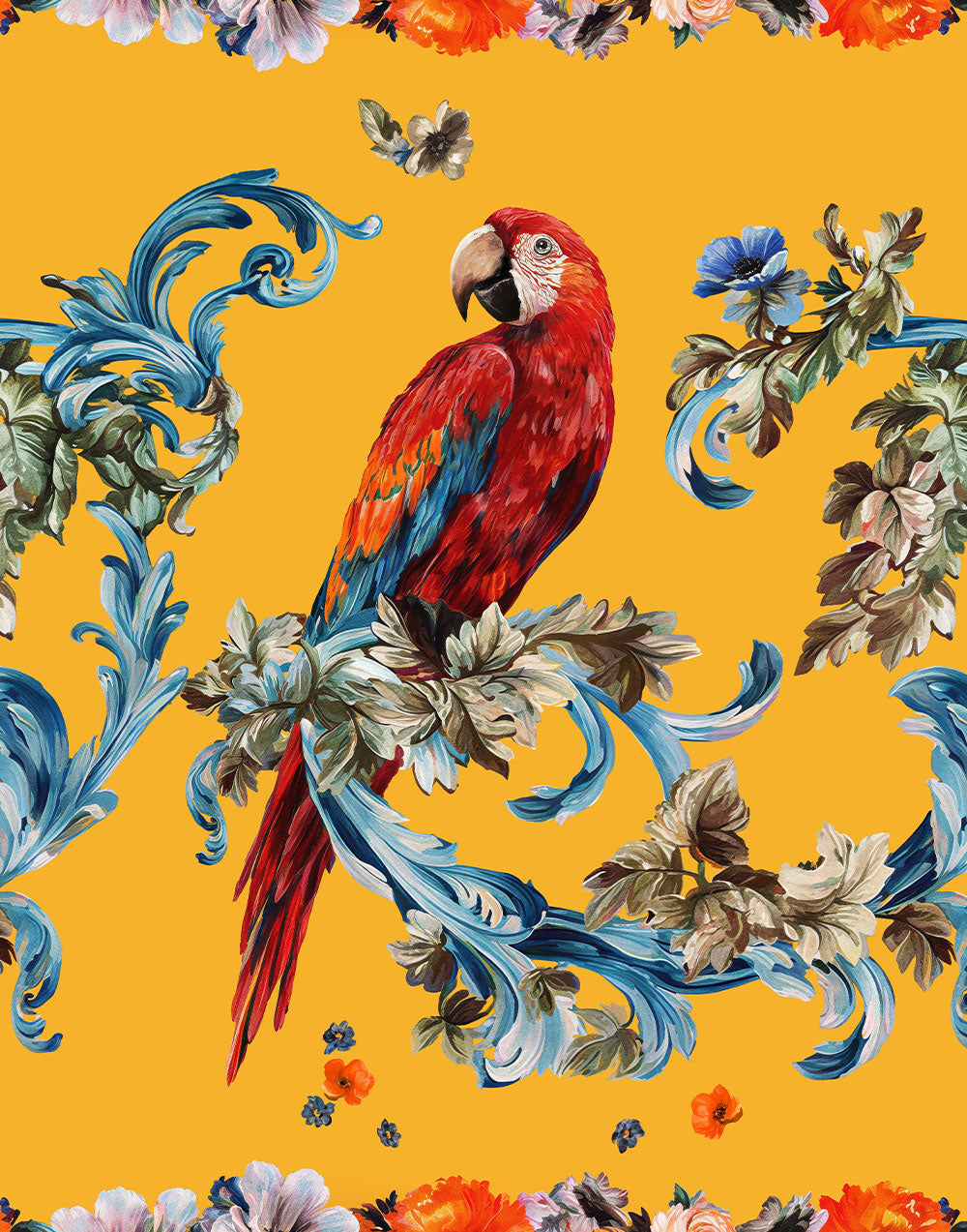 Printed Italian Mulberry silk satin with red parrot, blue botanical ornaments and floral motifs