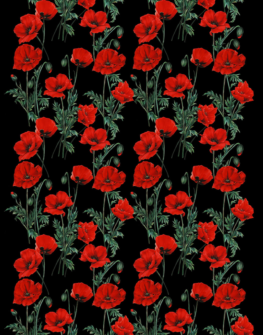 Italian Mulberry silk satin featuring vivid red poppies, green stems and flower buds on a deep black background