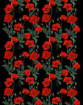 Italian Mulberry silk satin featuring vivid red poppies, green stems and flower buds on a deep black background