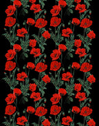 Italian Mulberry silk satin featuring vivid red poppies, green stems and flower buds on a deep black background