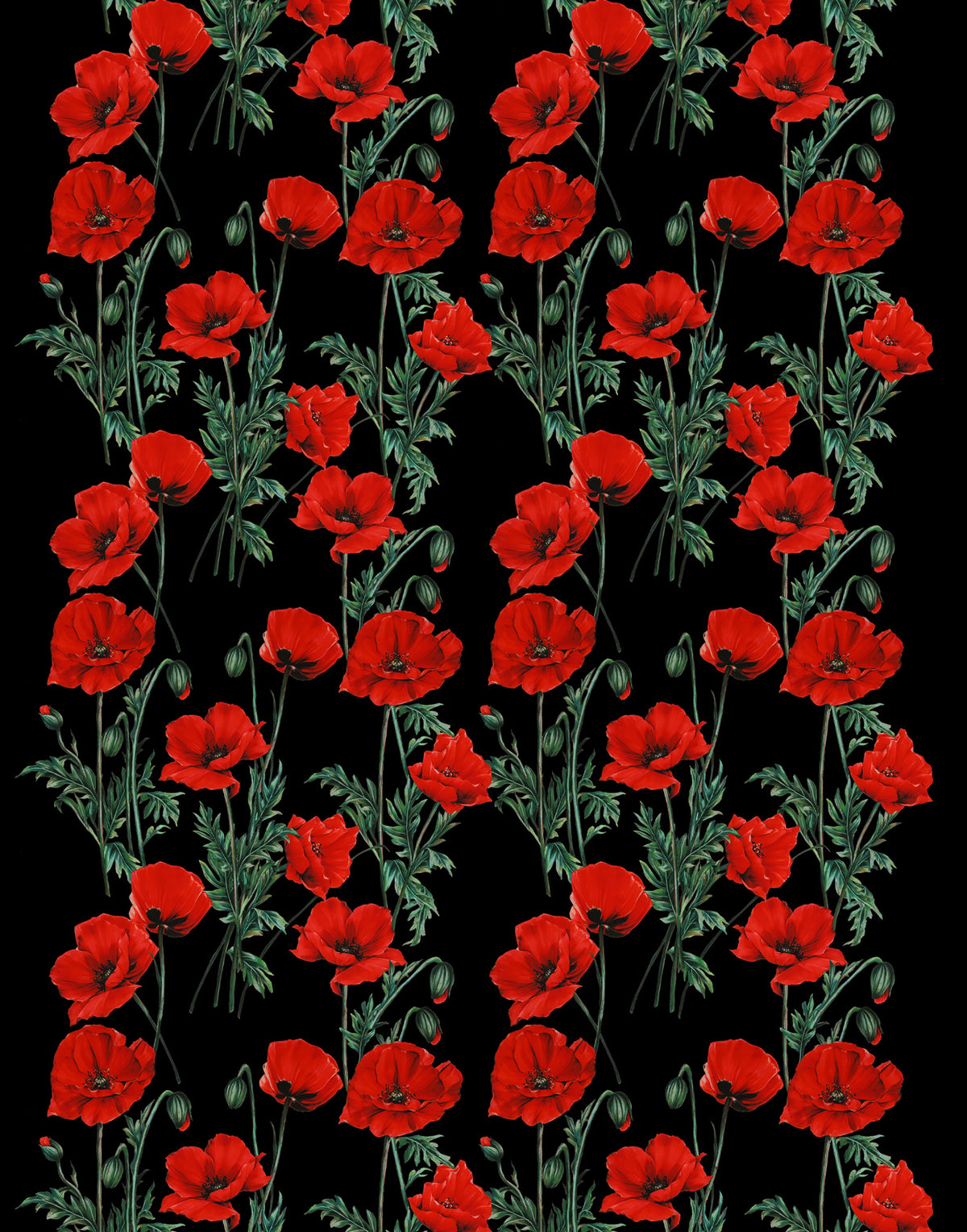 Italian Mulberry silk satin featuring vivid red poppies, green stems and flower buds on a deep black background