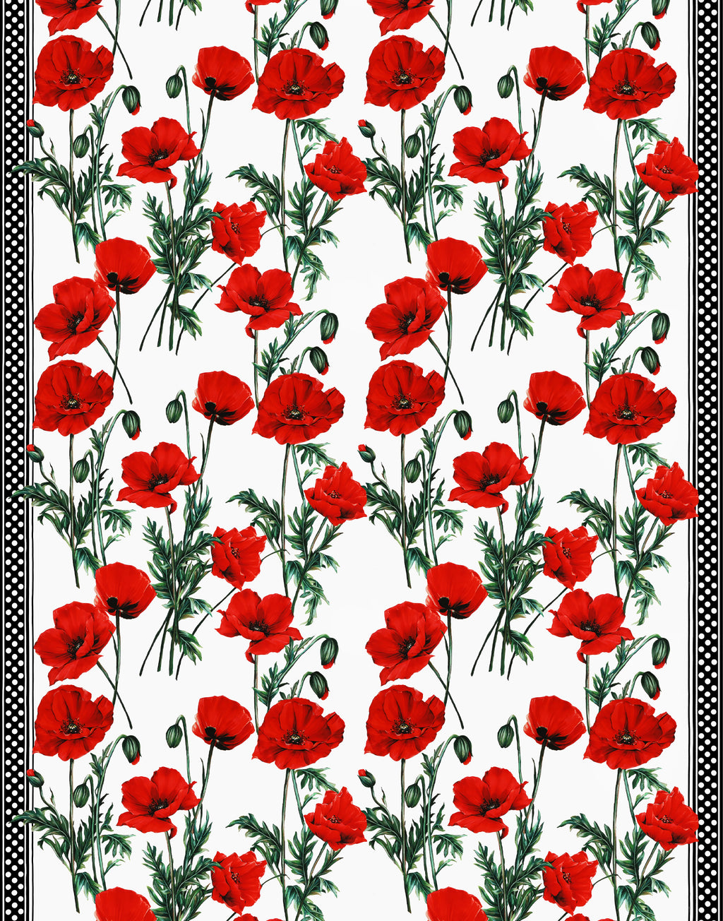 Red poppies and green stems printed on white Italian silk satin with black and white polka-dot borders.