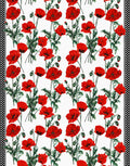 Red poppies and green stems printed on white Italian silk satin with black and white polka-dot borders.