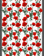 Red poppies and green stems printed on white Italian silk satin with black and white polka-dot borders.
