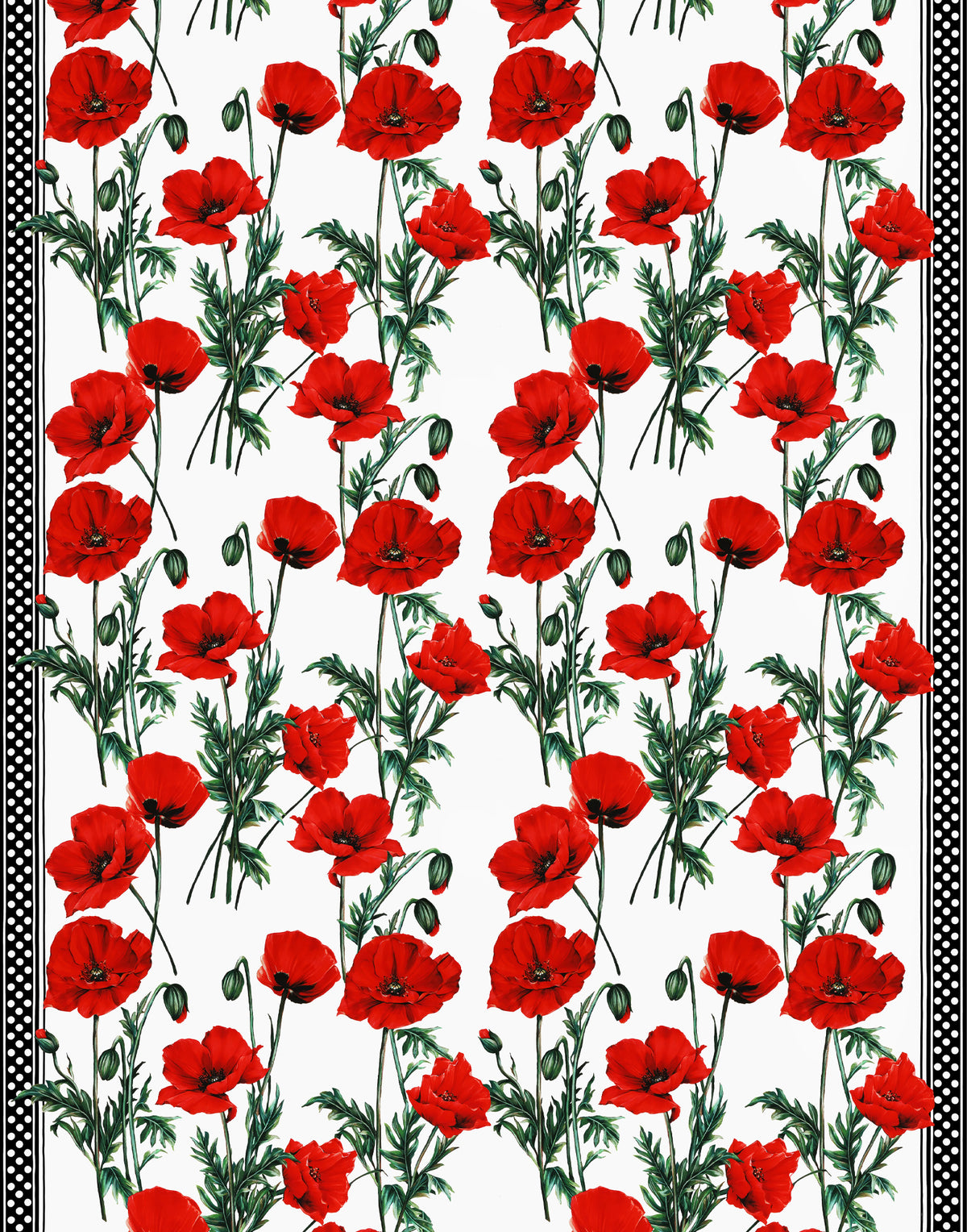 Red poppies and green stems printed on white Italian silk satin with black and white polka-dot borders.