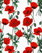 Repeating red poppies, flower buds and green foliage printed on white silk satin fabric.