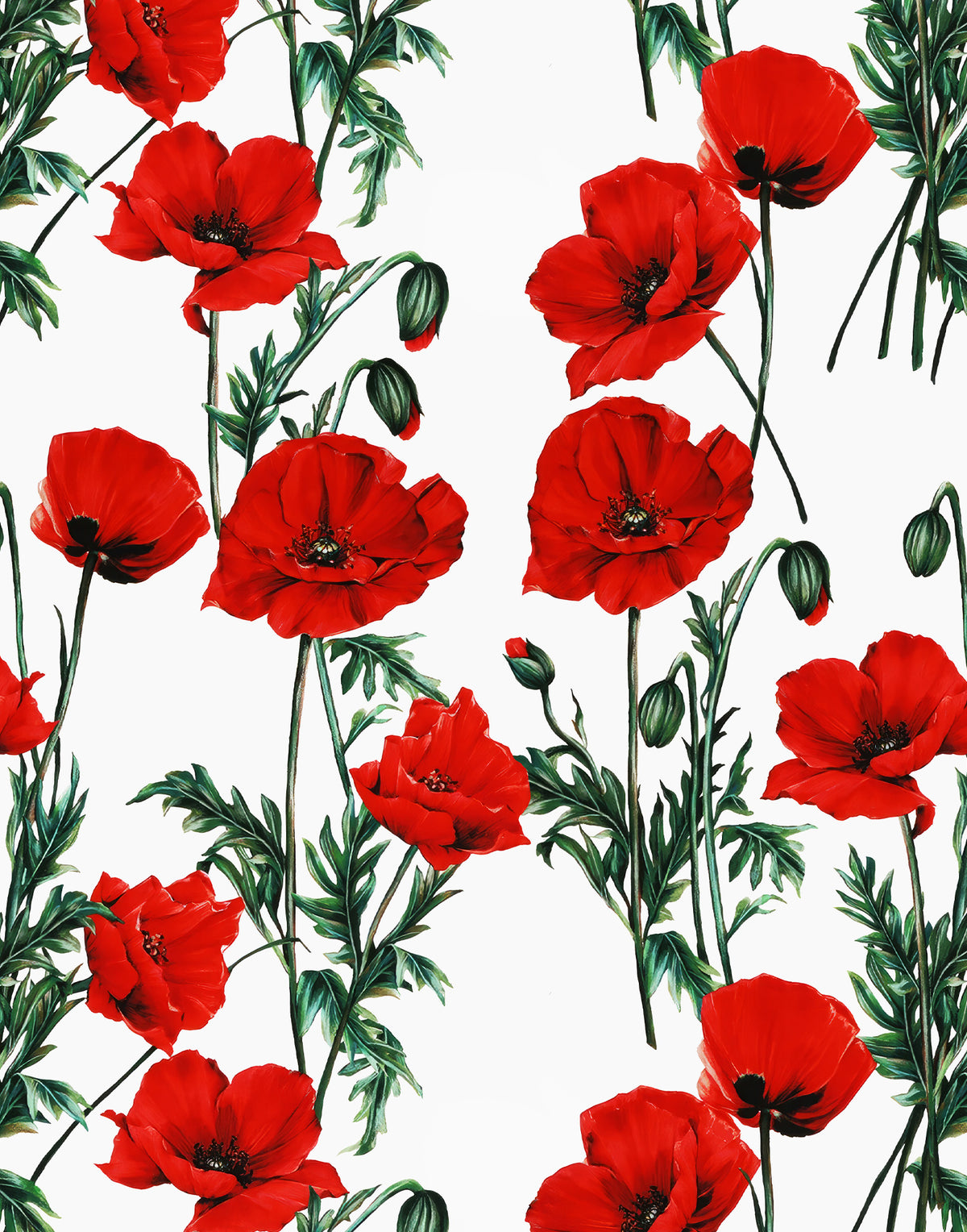 Repeating red poppies, flower buds and green foliage printed on white silk satin fabric.