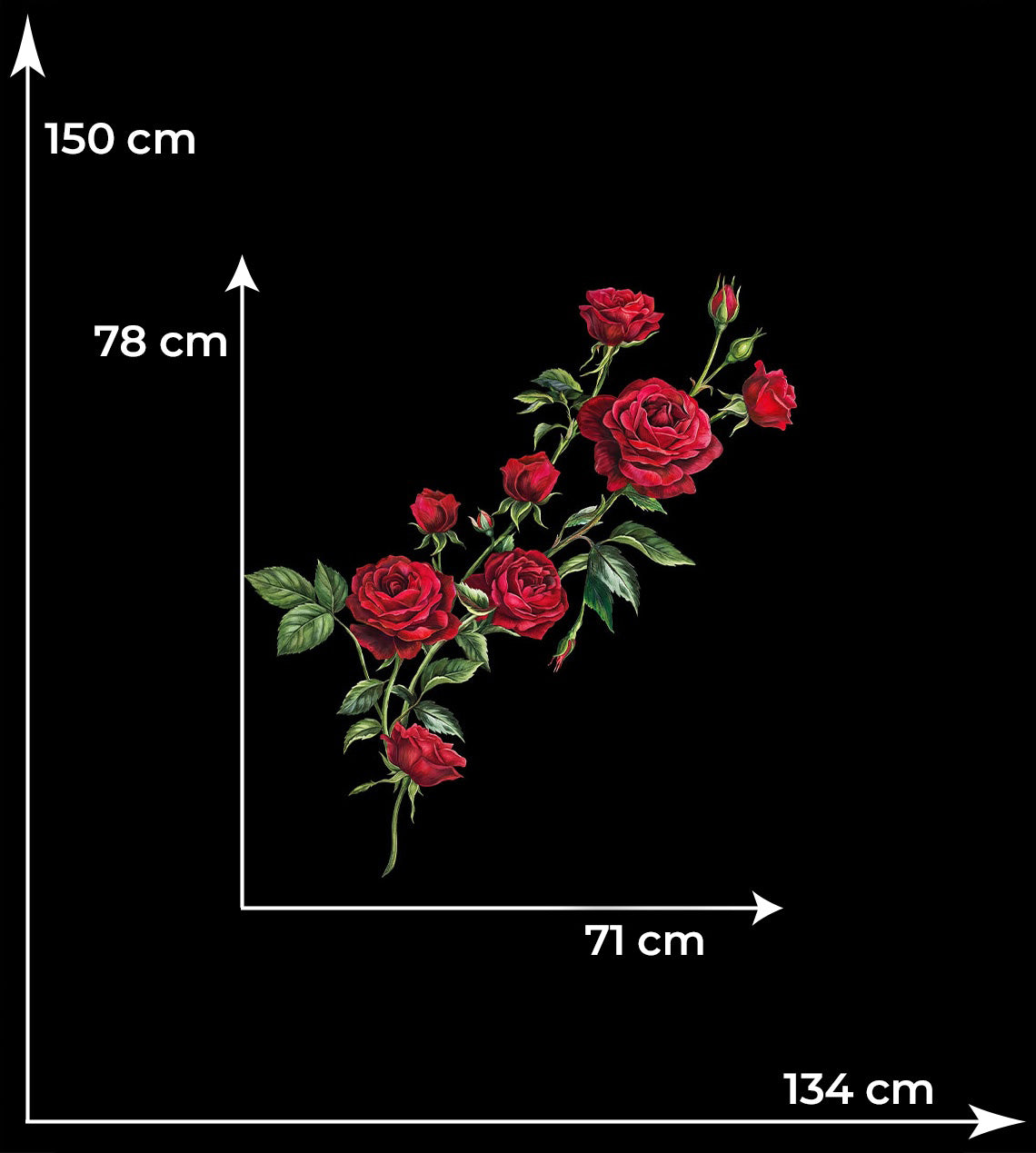 Black Italian silk satin panel showing the 78 x 71 cm red rose placement motif and full panel dimensions