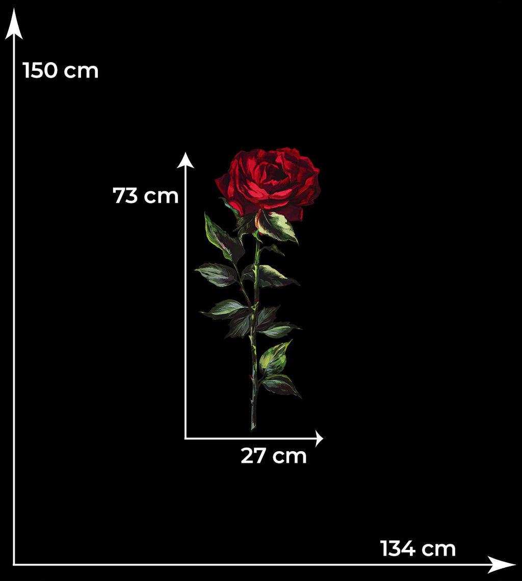Size diagram showing a single red rose centred on a black silk satin panel.