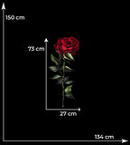 Size diagram showing a single red rose centred on a black silk satin panel.
