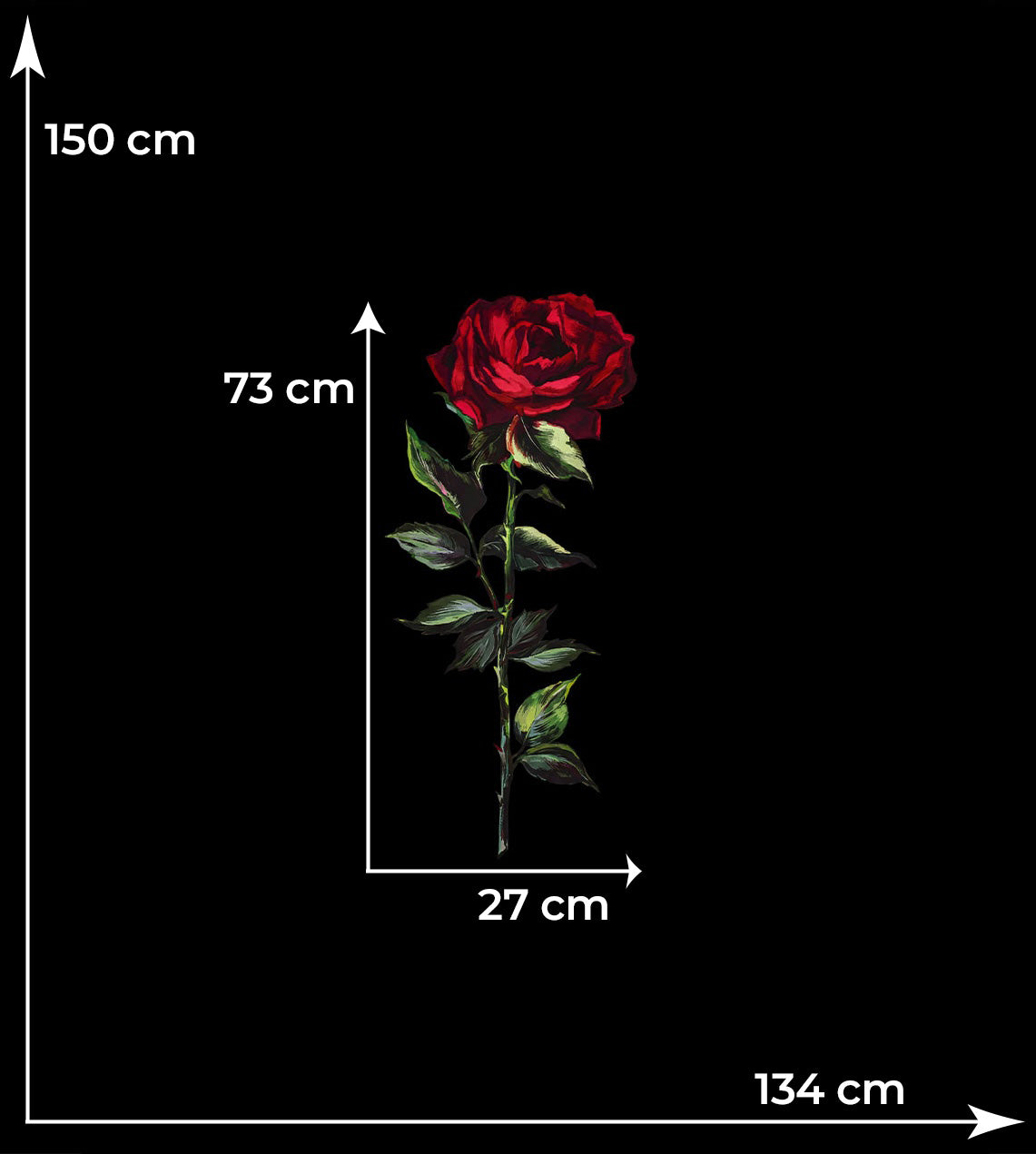 Size diagram showing a single red rose centred on a black silk satin panel.