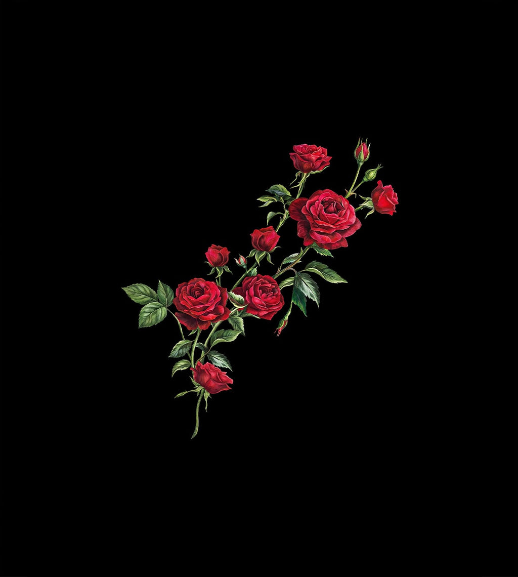 Italian Mulberry silk satin panel with cascading deep red roses and green foliage on black