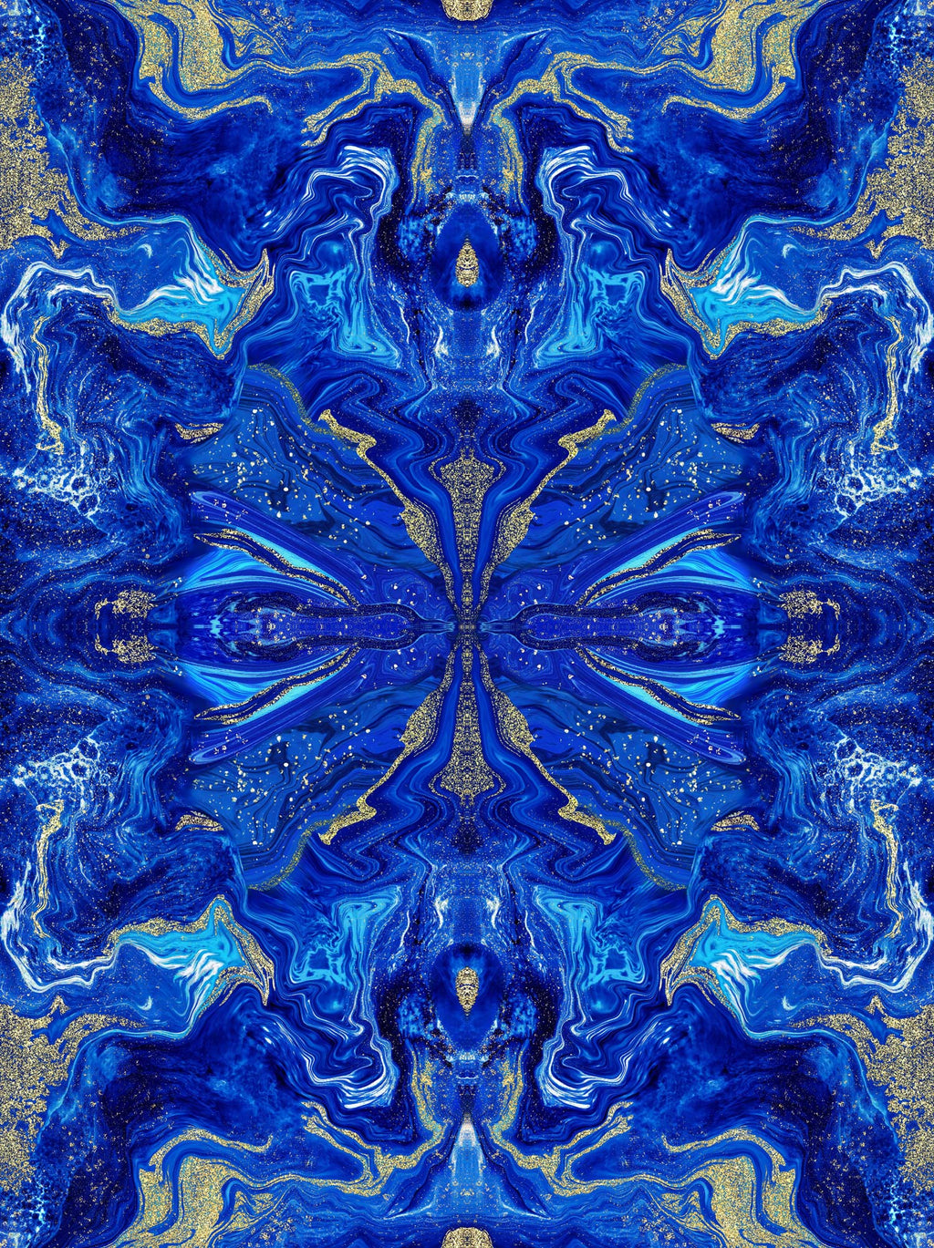 Italian Mulberry silk satin with a symmetrical abstract print in royal blue, turquoise, white and gold tones
