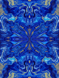 Italian Mulberry silk satin with a symmetrical abstract print in royal blue, turquoise, white and gold tones