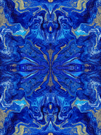 Italian Mulberry silk satin with a symmetrical abstract print in royal blue, turquoise, white and gold tones