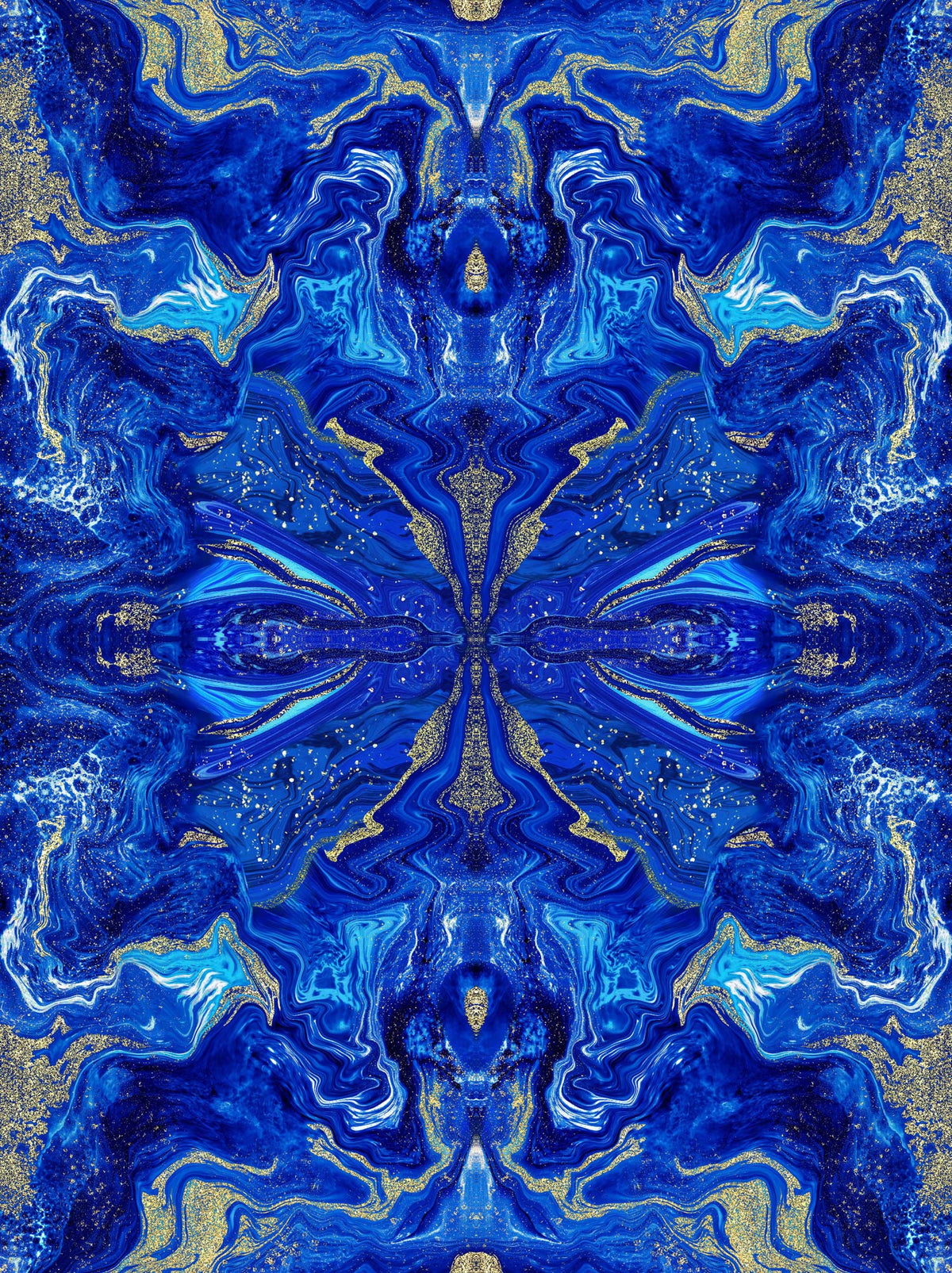Italian Mulberry silk satin with a symmetrical abstract print in royal blue, turquoise, white and gold tones
