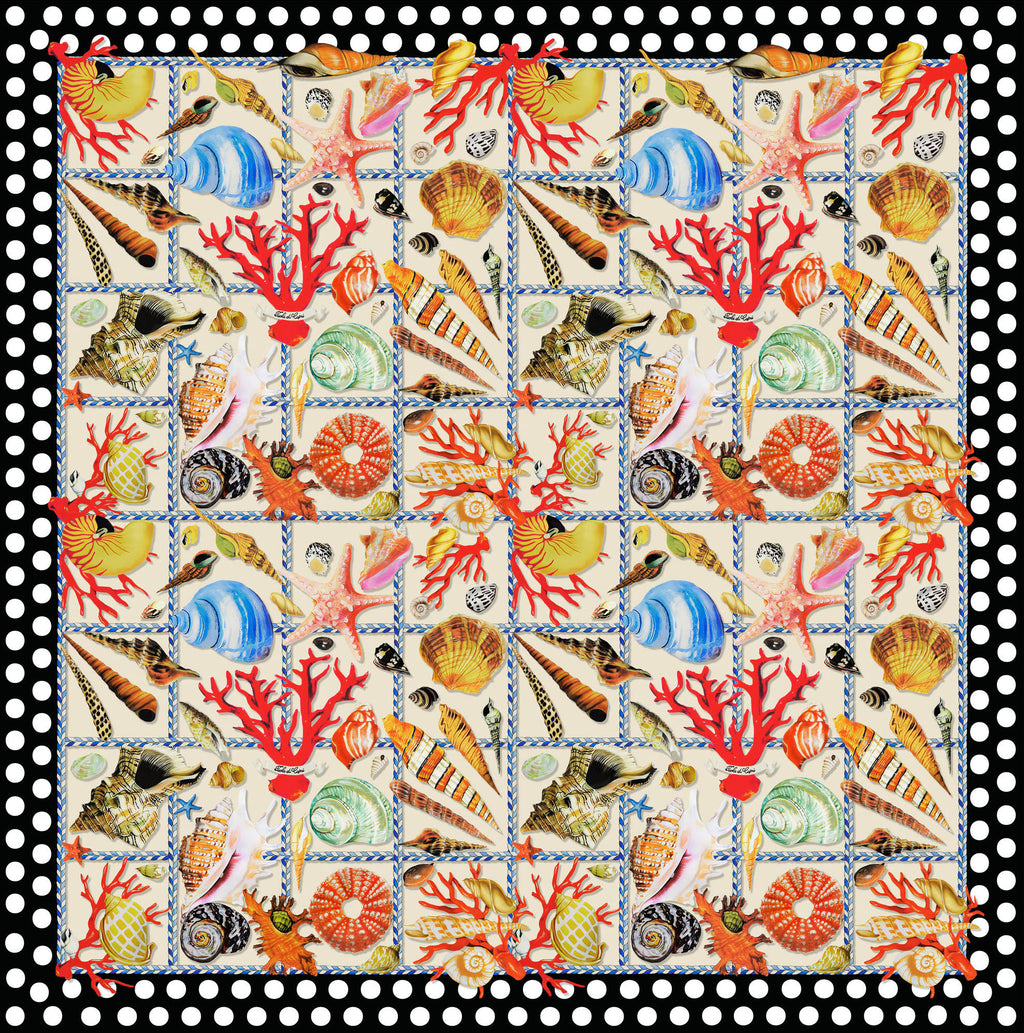 Italian printed silk satin panel featuring colourful seashells, red coral and starfish framed by a black and white polka dot border.