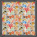 Italian printed silk satin panel featuring colourful seashells, red coral and starfish framed by a black and white polka dot border.