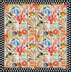 Italian printed silk satin panel featuring colourful seashells, red coral and starfish framed by a black and white polka dot border.