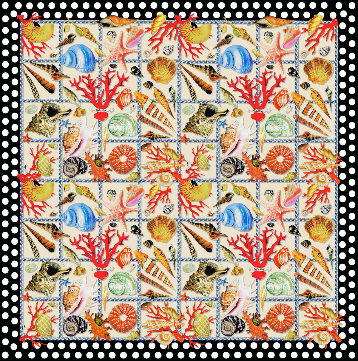 Italian printed silk satin panel featuring colourful seashells, red coral and starfish framed by a black and white polka dot border.
