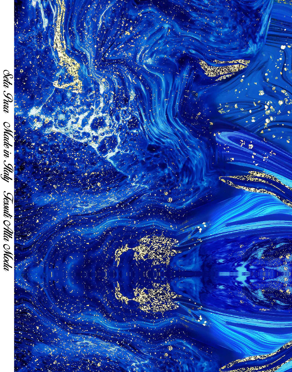 Symmetrical abstract design in vivid blue, turquoise, white and gold on Italian Mulberry silk satin