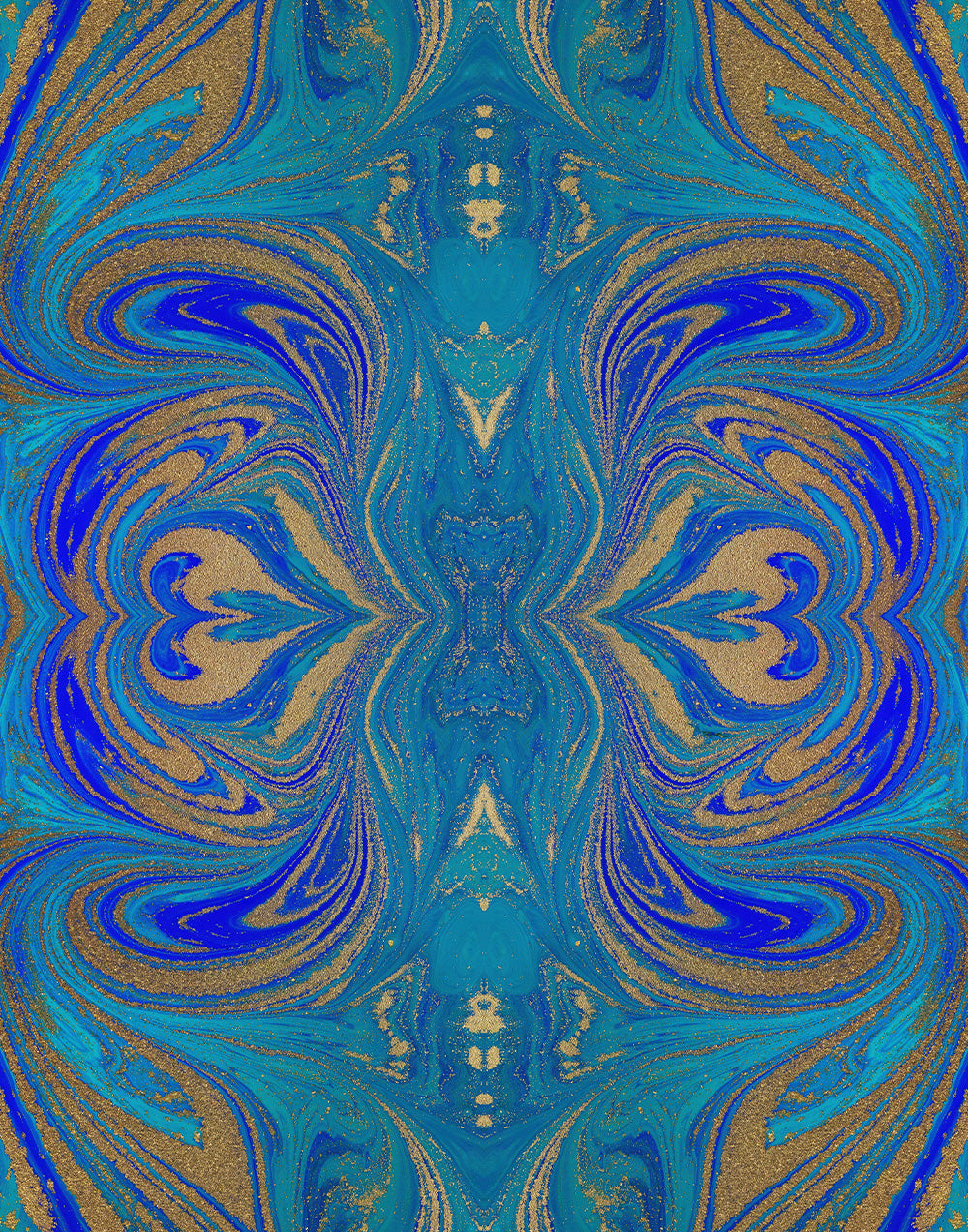 Symmetrical ornamental pattern in turquoise, cobalt blue and gold tones on Italian Mulberry silk satin
